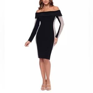 XSCAPE Women's Rhinestone-Mesh-Side Off-The-Shoulder Dress Black Sz 12